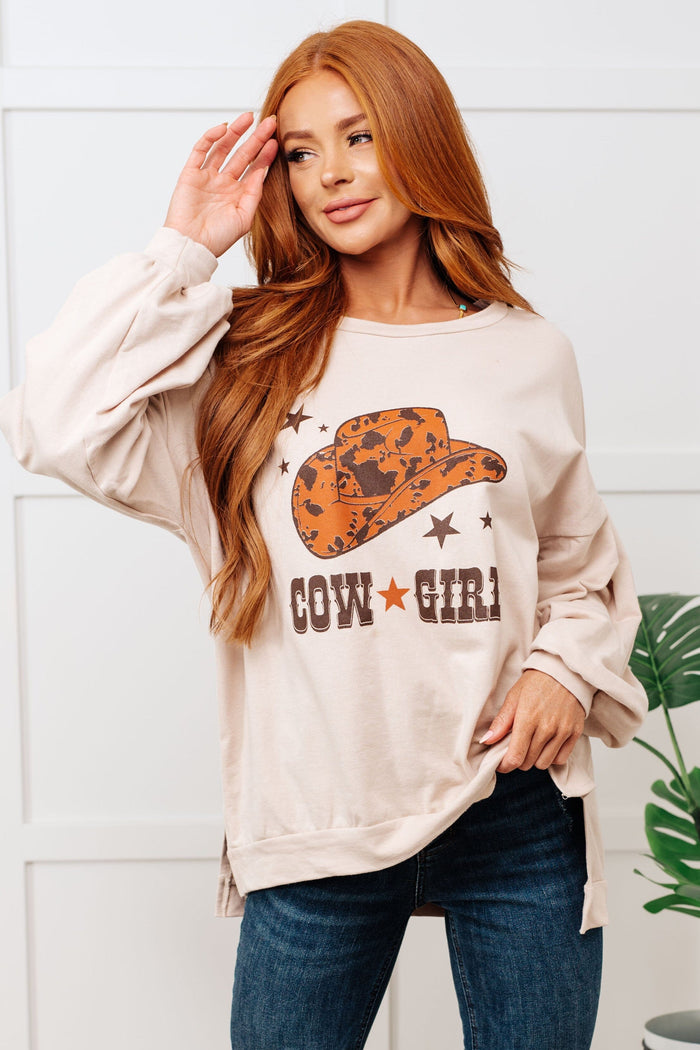 Cow Girl Graphic Pullover in Stone Tops Ave Shops 