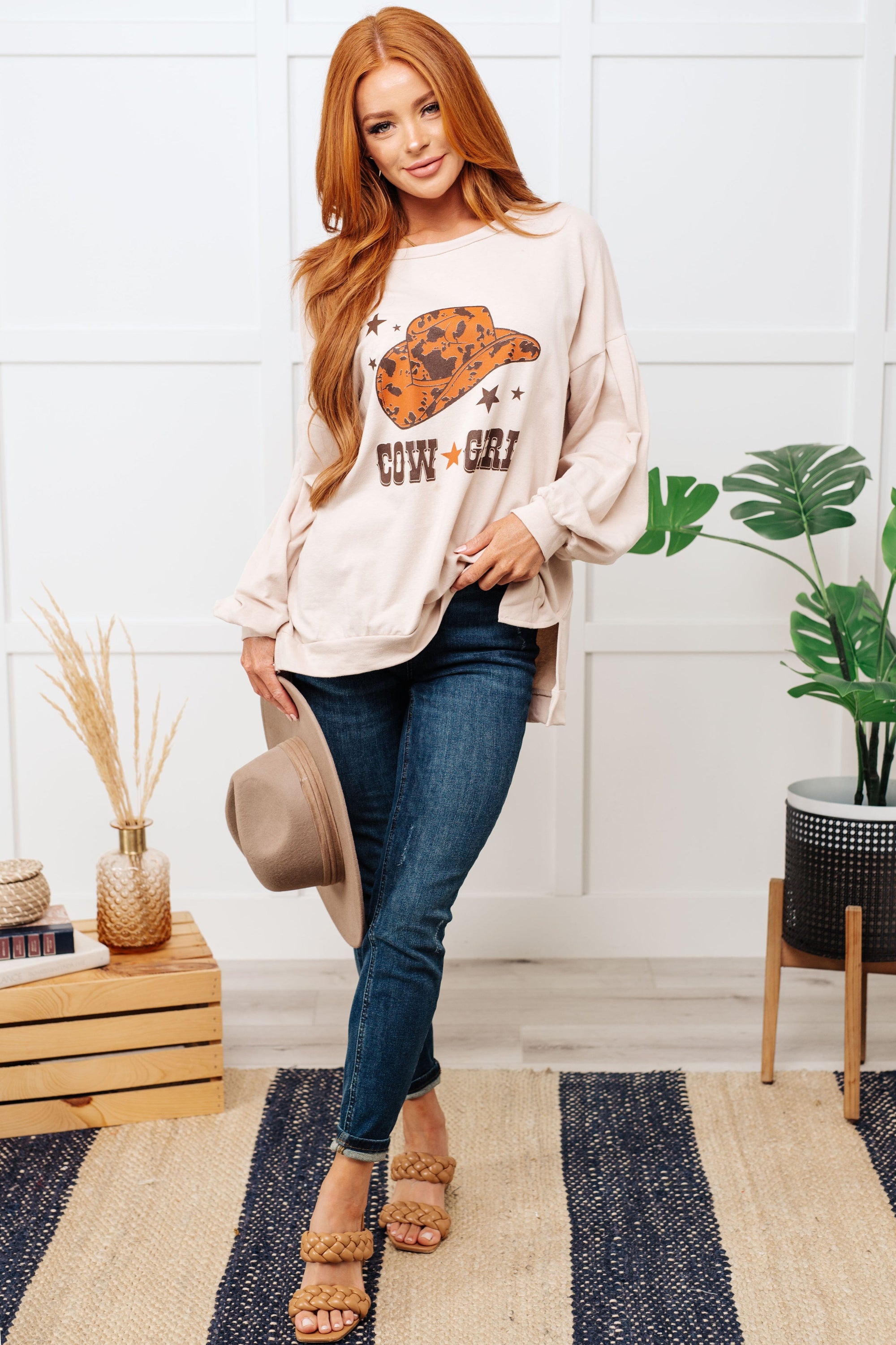 Cow Girl Graphic Pullover in Stone Tops Ave Shops 