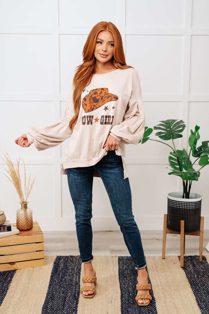 Cow Girl Graphic Pullover in Stone Tops Ave Shops 