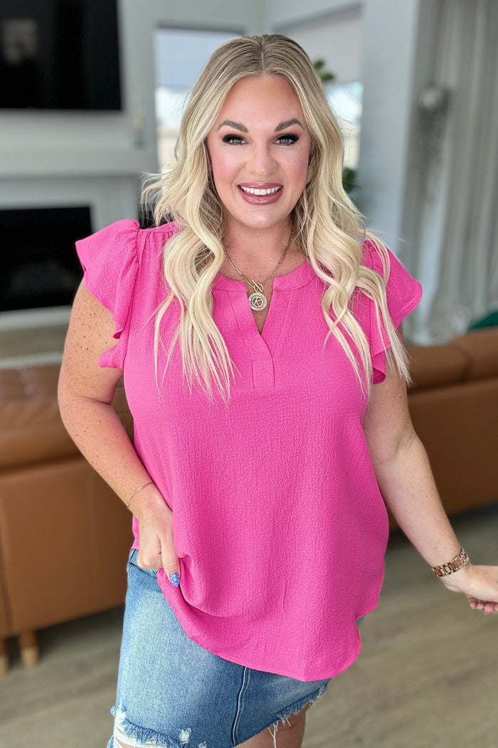 Crinkle Split Neckline Flutter Sleeve Top in Hot Pink Tops Ave Shops 