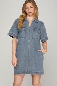 Denim Collard Dress with Stitching Detail Dresses She and Sky 