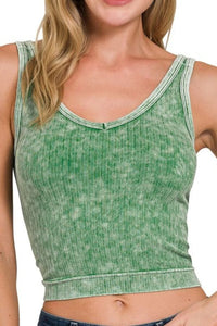 Dk Green Washed Ribbed Cropped V-Neck Tank Top Bralette Zenana 