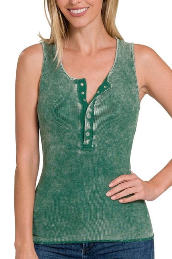 Dk Green Washed Ribbed Scoop Neck Henry Tank Top Tank Top Zenana 