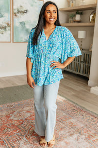 Dreamer Peplum Top in Blue and Teal Paisley Tops Ave Shops 