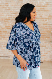 Dreamer Peplum Top in Navy and Pink Paisley Tops Ave Shops 