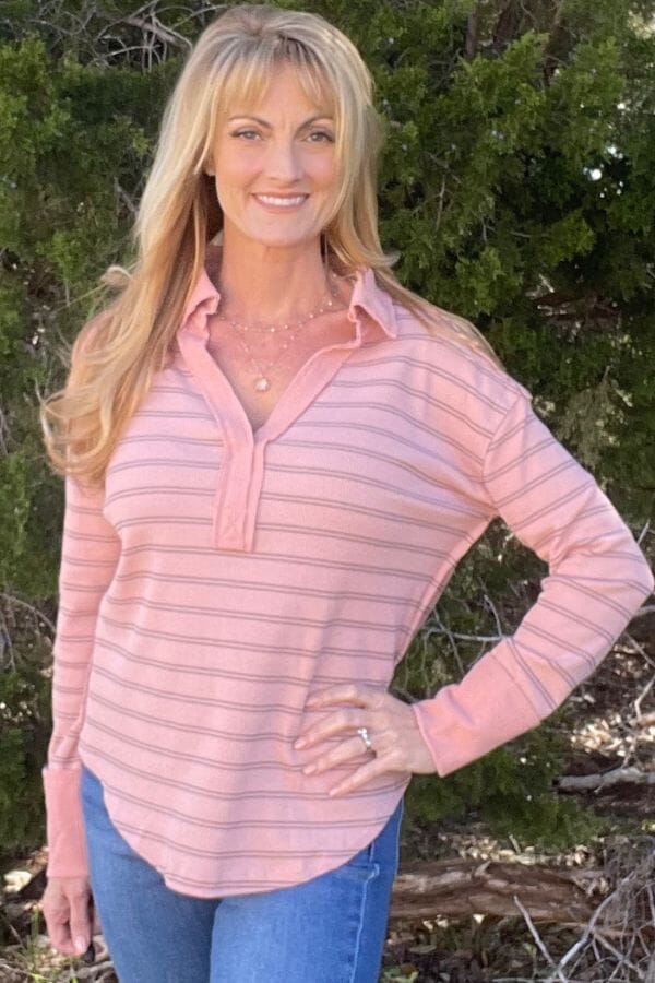 Dusty Pink Stripped V-Neck Top Shirts & Tops Umgee 