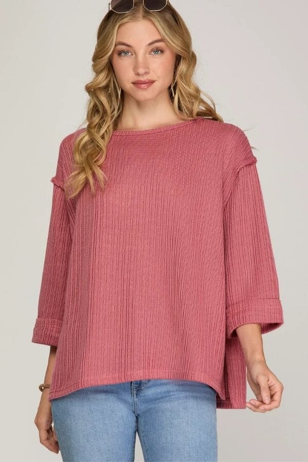 Dusty Rose Folded Sleeve Knit Top Shirts & Tops She and Sky 