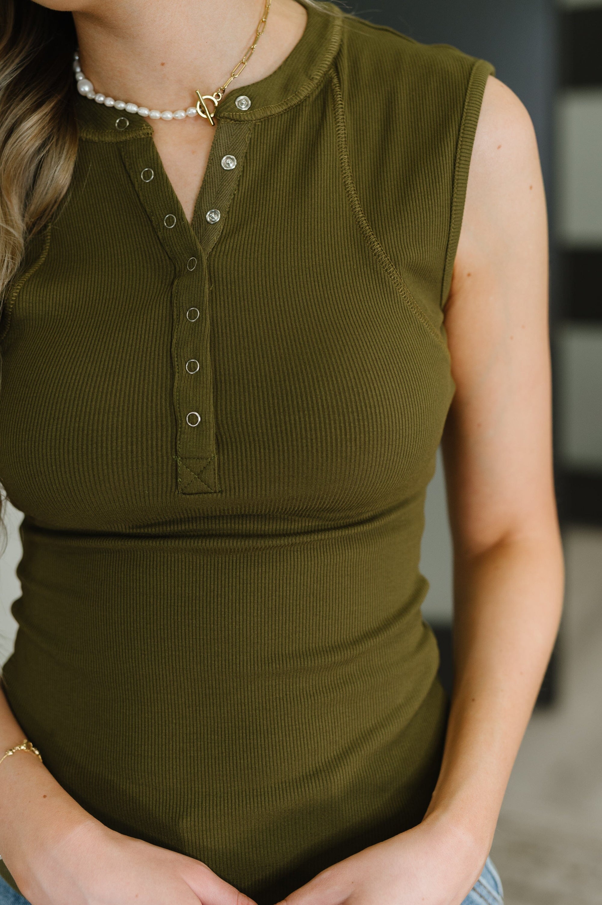 Everyday Edge Knit Henley Tank in Camo Green Womens Ave Shops 