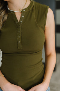 Everyday Edge Knit Henley Tank in Camo Green Womens Ave Shops 