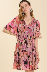 Floral Print Split Neck Front Tie Tiered Dress with Lining Dress Umgee 