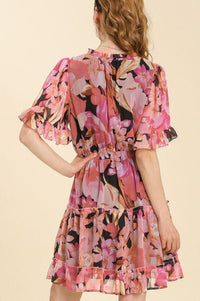 Floral Print Split Neck Front Tie Tiered Dress with Lining Dress Umgee 