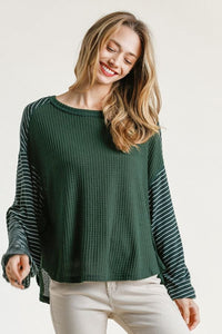 Forest Striped Ribbed Sleeve Waffle Knit Top Shirts & Tops Umgee 