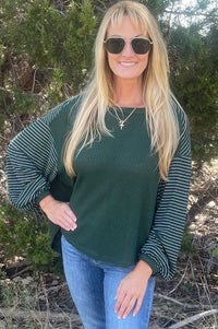Forest Striped Ribbed Sleeve Waffle Knit Top Shirts & Tops Umgee 