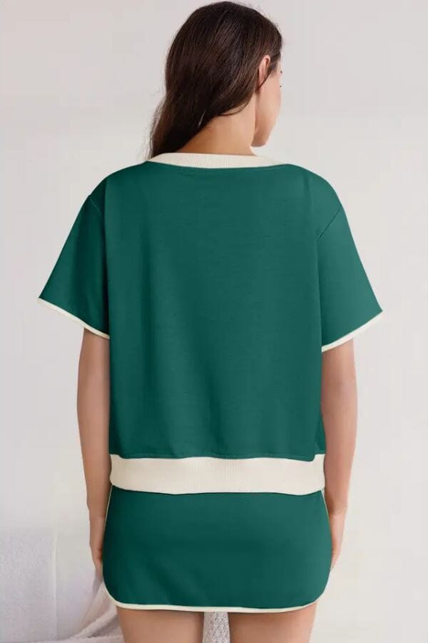 Green Colorblock Edge Drop Shoulder T Shirt and Skirt Set Outfit sets LA Society 