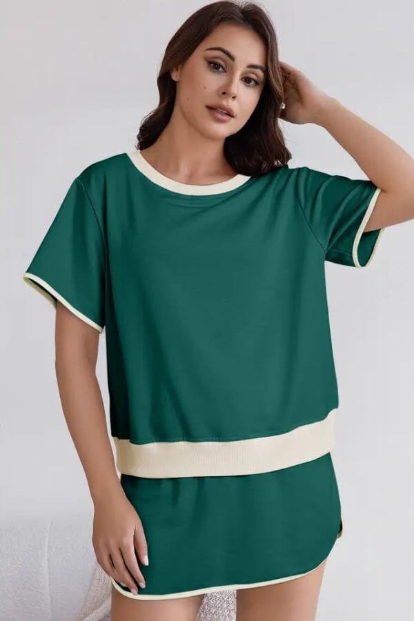 Green Colorblock Edge Drop Shoulder T Shirt and Skirt Set Outfit sets LA Society 