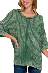 GREEN RIBBED DROP SHOULDER HALF SLEEVE BOAT-NECK TOP Top Zenana 