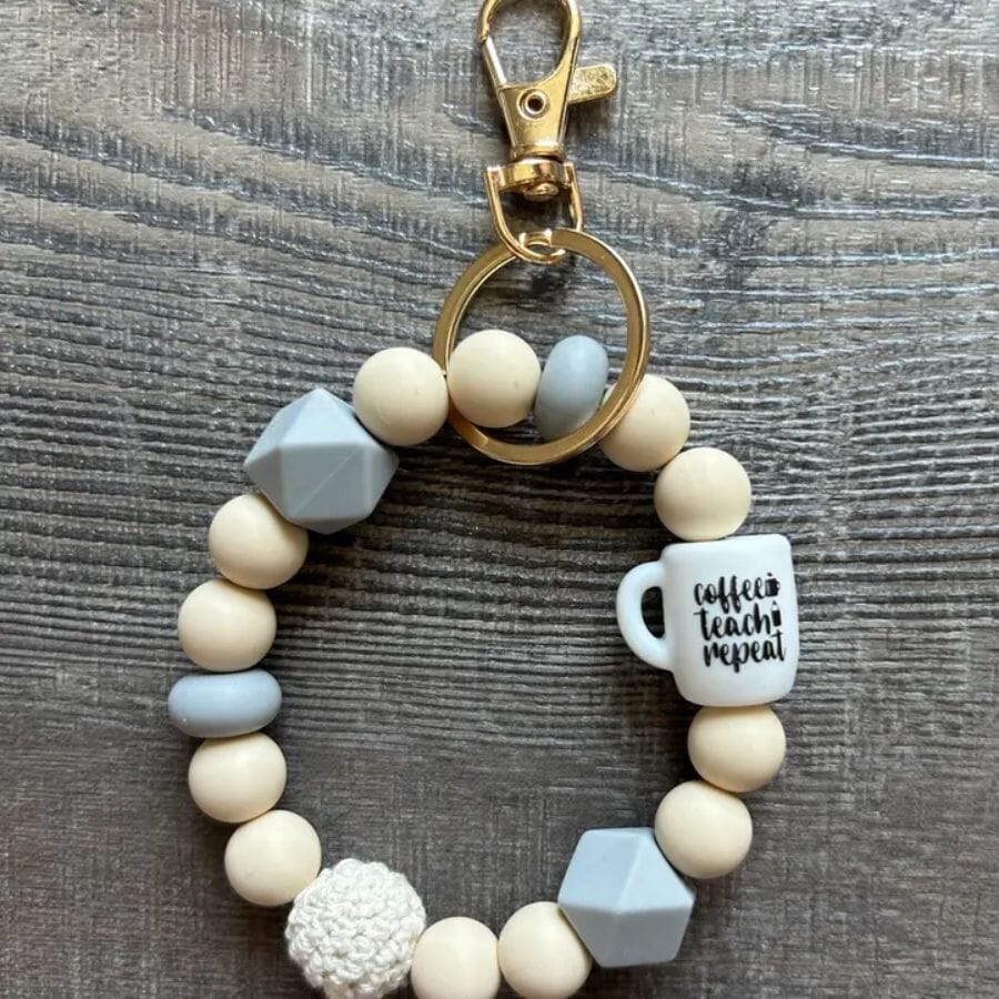 Grey Coffee Teach Repeat Silicone Bead Wristlet Keychain keychain Jillian Ink 