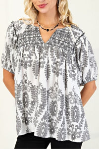 Grey Smocked Short Sleeve Top Top GiGiO 