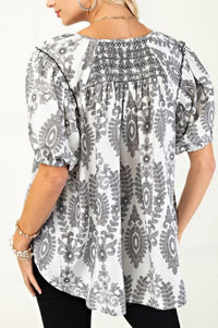 Grey Smocked Short Sleeve Top Top GiGiO 