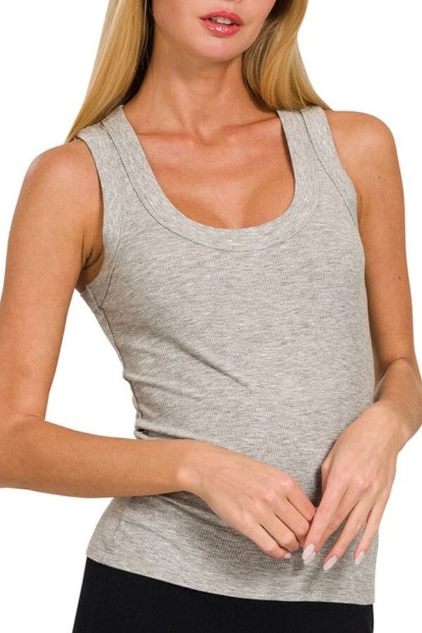 HEATHER GREY RIBBED SCOOP NECK TANK TOP Top Zenana 