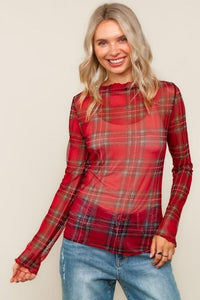 High Neck Line Plaid Mesh Semi Sheer Top Tops Haptics 