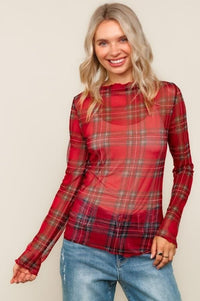 High Neck Line Plaid Mesh Semi Sheer Top Tops Haptics 