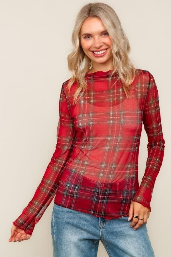High Neck Line Plaid Mesh Semi Sheer Top Tops Haptics 