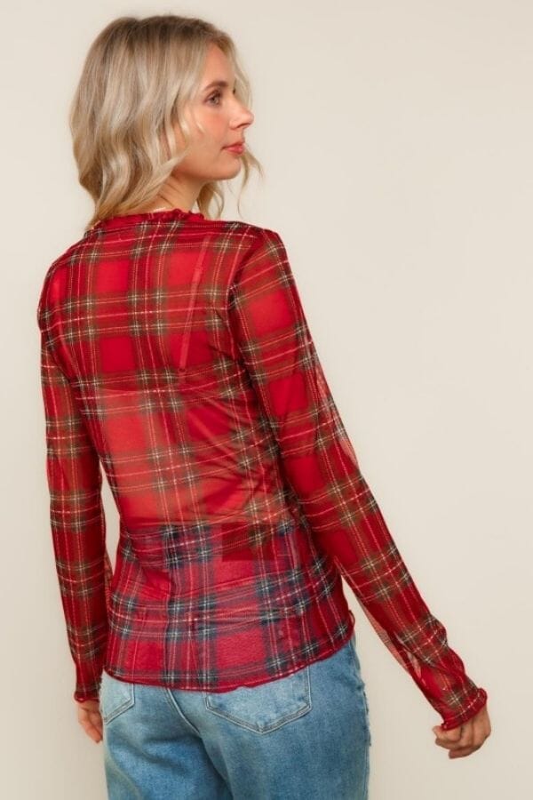 High Neck Line Plaid Mesh Semi Sheer Top Tops Haptics 