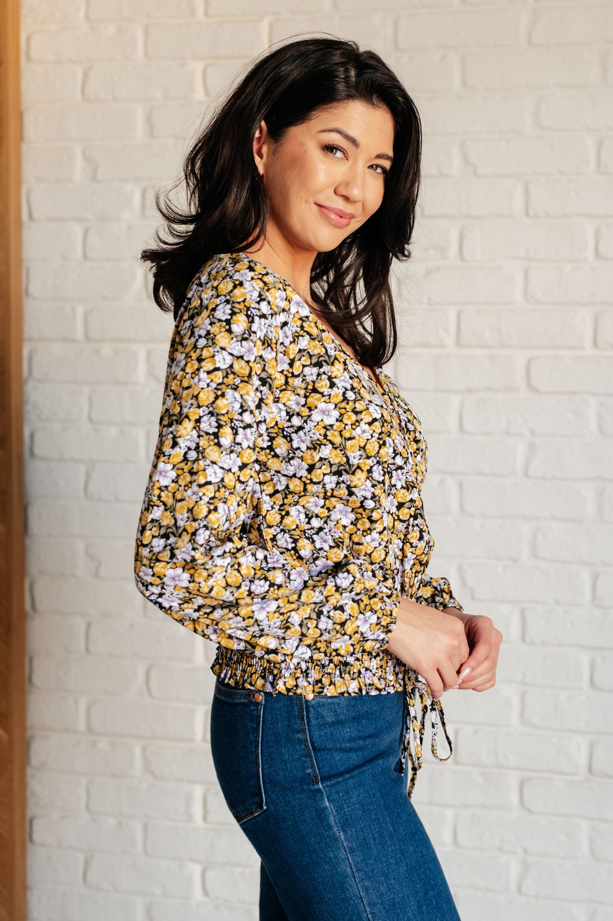 Honey Honey Floral Smocked Blouse in Black Blouses Ave Shops 