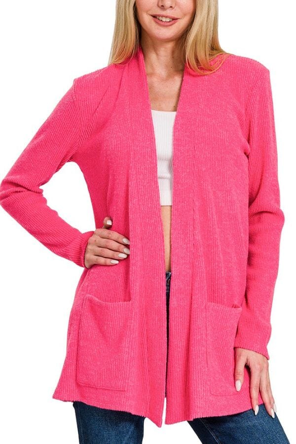 HOT PINK HEATHER RIBBED SWEATER OPEN FRONT CARDIGAN