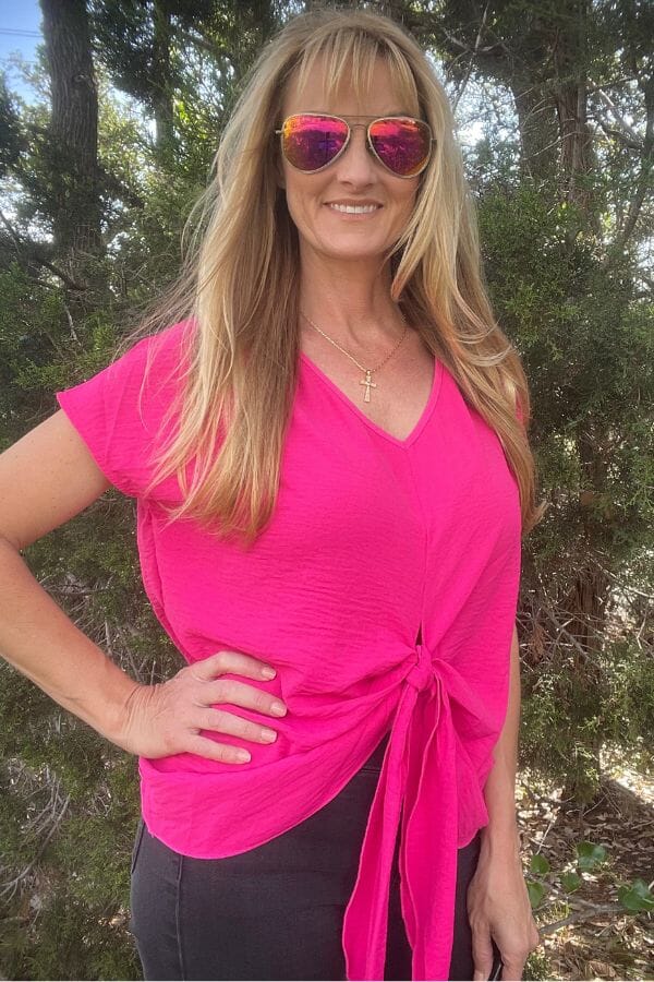 Hot Pink V-Neck Front Twist Top with No Lining Shirts & Tops Umgee 