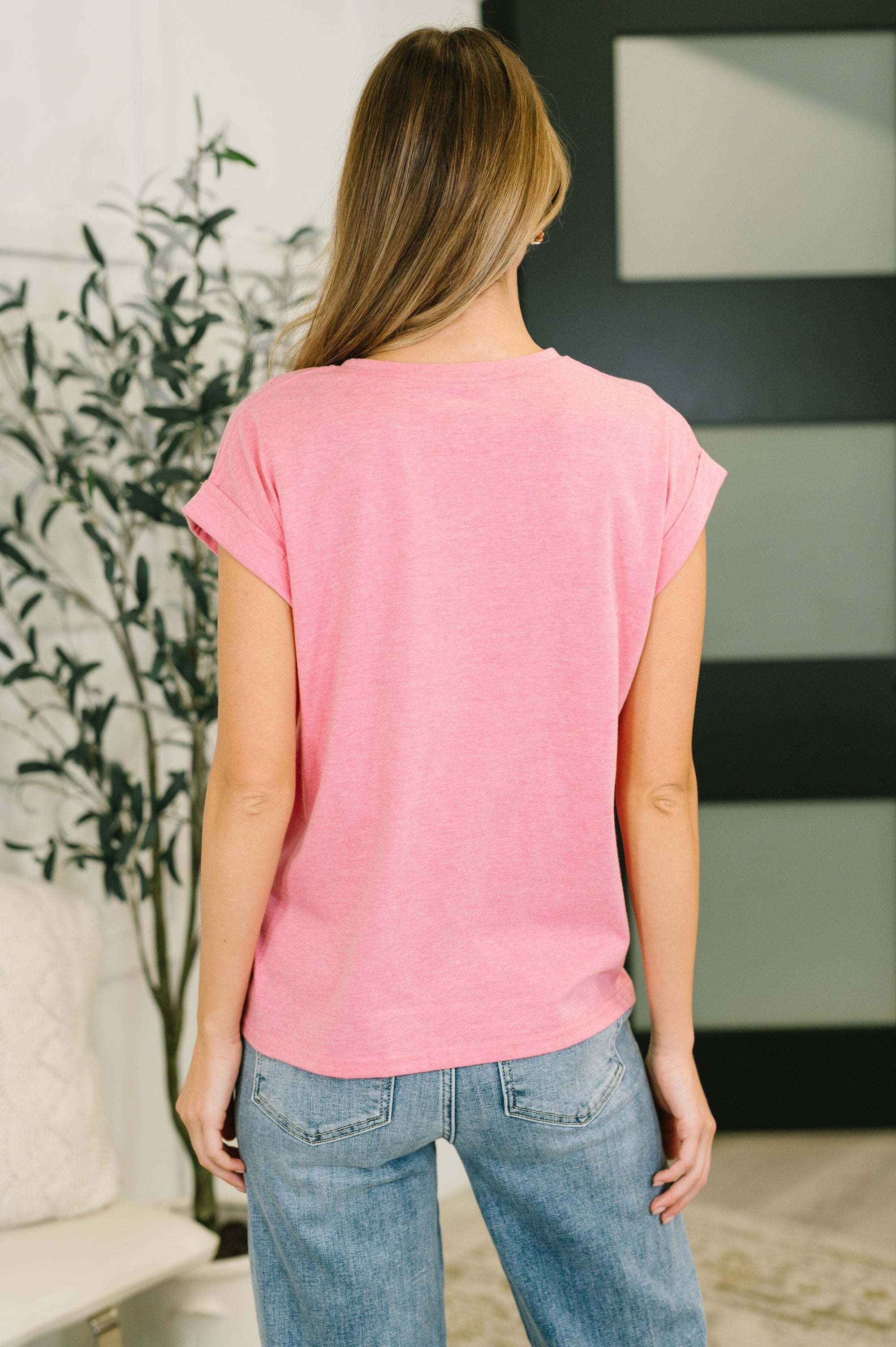 It Starts Here Basic Rolled Sleeve Tee in H Fuchsia Womens Ave Shops 