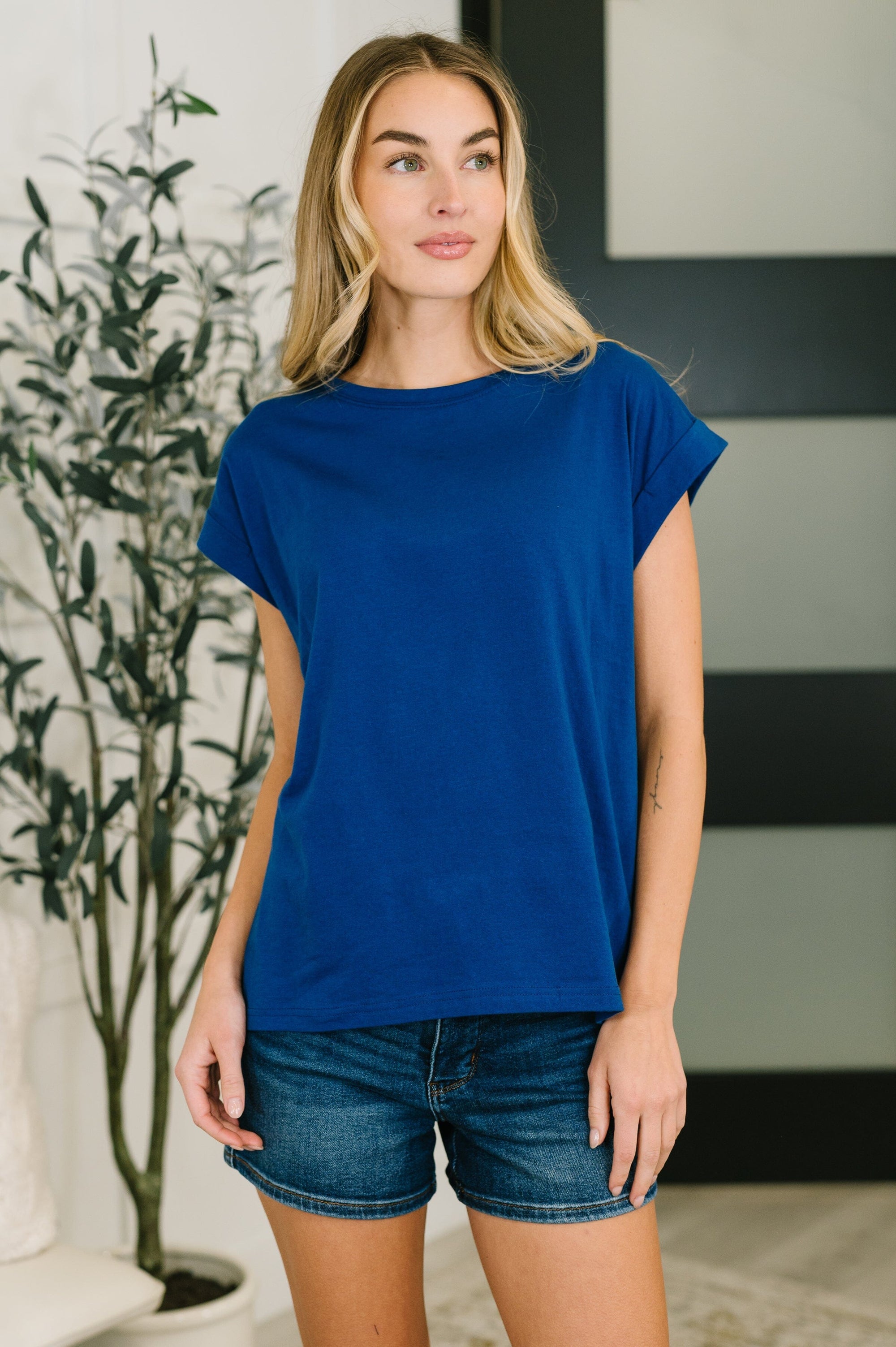 It Starts Here Basic Rolled Sleeve Tee in Lt Navy Womens Ave Shops 