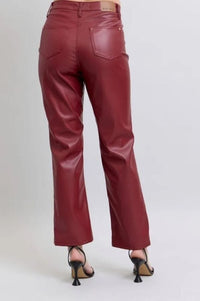 Judy Blue Red Faux Leather Tummy Control High Waisted Straight Jeans Judy Blue 