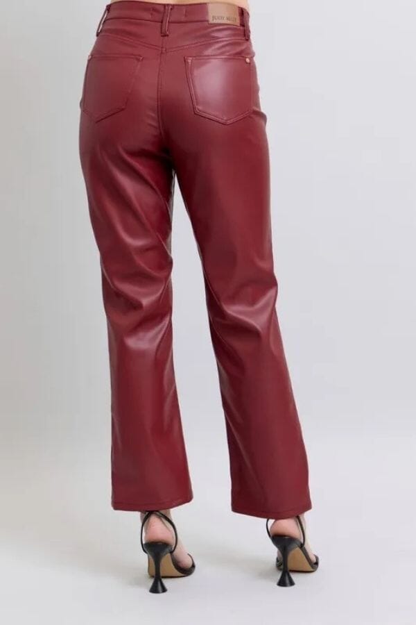 Judy Blue Red Faux Leather Tummy Control High Waisted Straight Jeans Judy Blue 