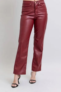 Judy Blue Red Faux Leather Tummy Control High Waisted Straight Jeans Judy Blue 