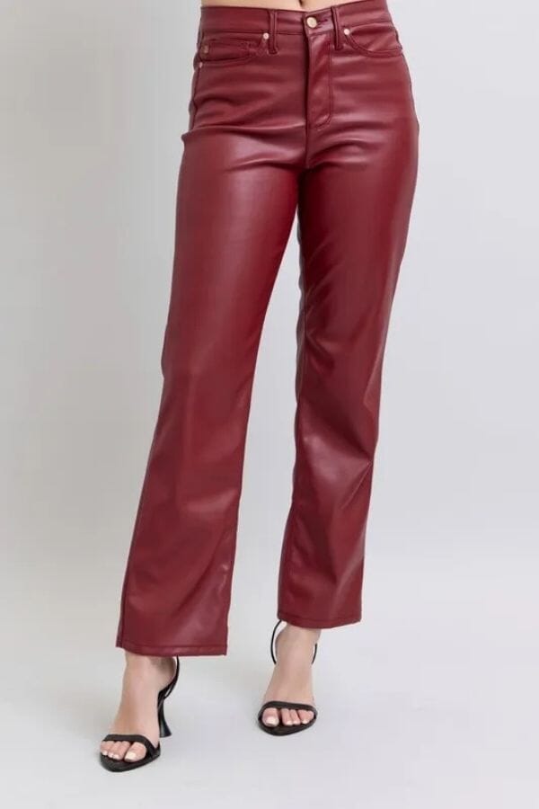 Judy Blue Red Faux Leather Tummy Control High Waisted Straight Jeans Judy Blue 