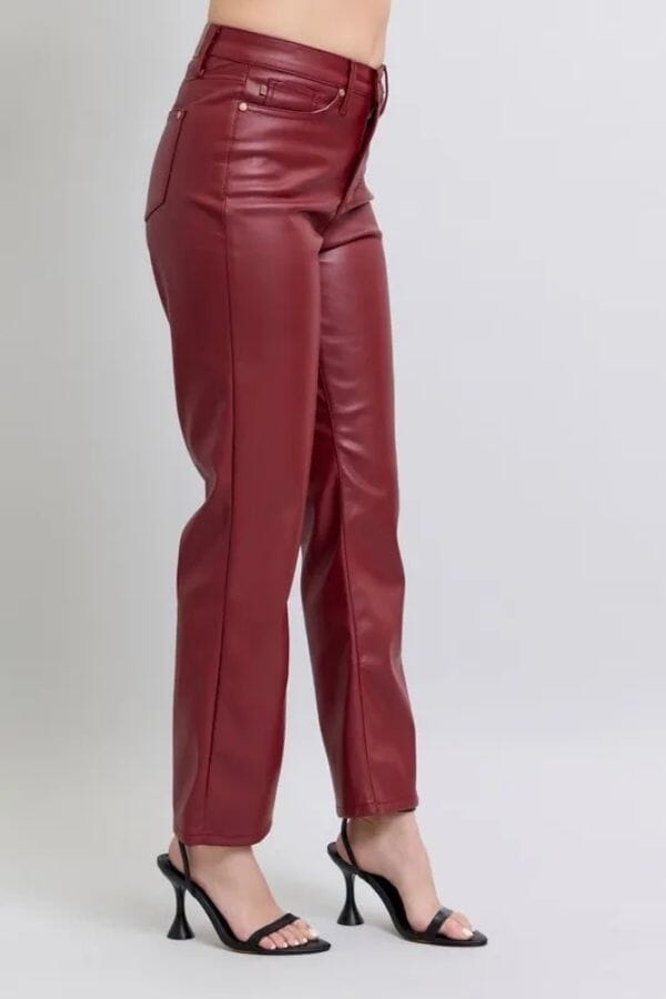 Judy Blue Red Faux Leather Tummy Control High Waisted Straight Jeans Judy Blue 