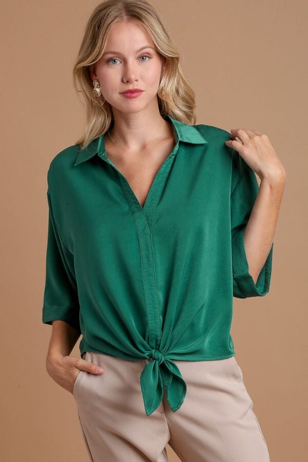 Lagoon Satin Collared Top with Front Tie Shirts & Tops Umgee 