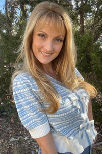 Light Blue Puff Sleeve Bow Cropped Cardigan Shirts & Tops She and Sky 