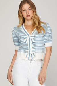 Light Blue Puff Sleeve Bow Cropped Cardigan Shirts & Tops She and Sky 
