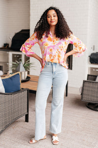 Lizzy Bell Sleeve Top in Pink and Gold Floral Tops Ave Shops 