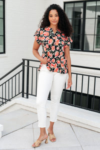 Lizzy Cap Sleeve Top in Black and Coral Floral Tops Ave Shops 