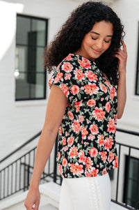 Lizzy Cap Sleeve Top in Black and Coral Floral Tops Ave Shops 