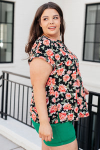 Lizzy Cap Sleeve Top in Black and Coral Floral Tops Ave Shops 