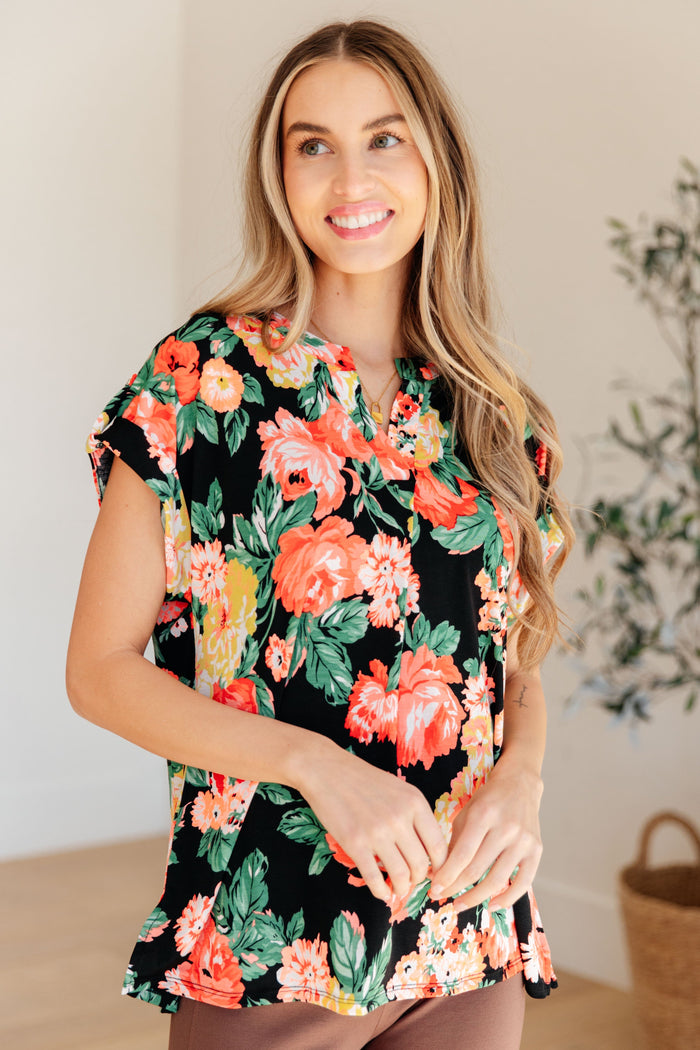 Lizzy Cap Sleeve Top in Black Garden Floral Womens Ave Shops 