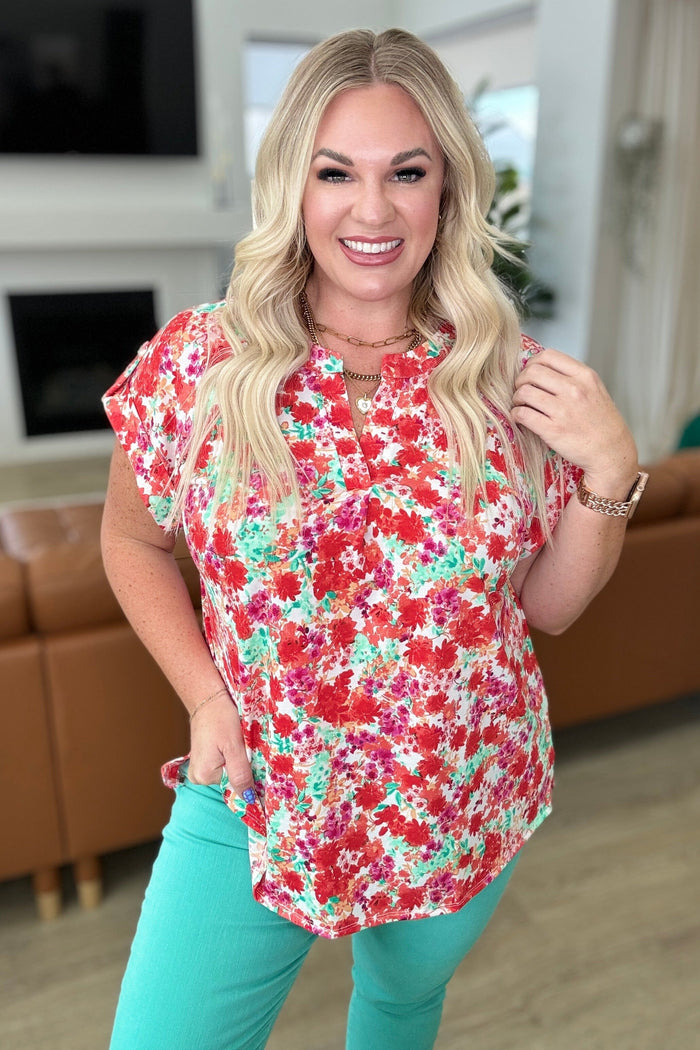 Lizzy Cap Sleeve Top in Ivory and Coral Floral Tops Ave Shops 