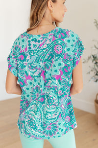 Lizzy Cap Sleeve Top in Magenta and Teal Paisley Womens Ave Shops 