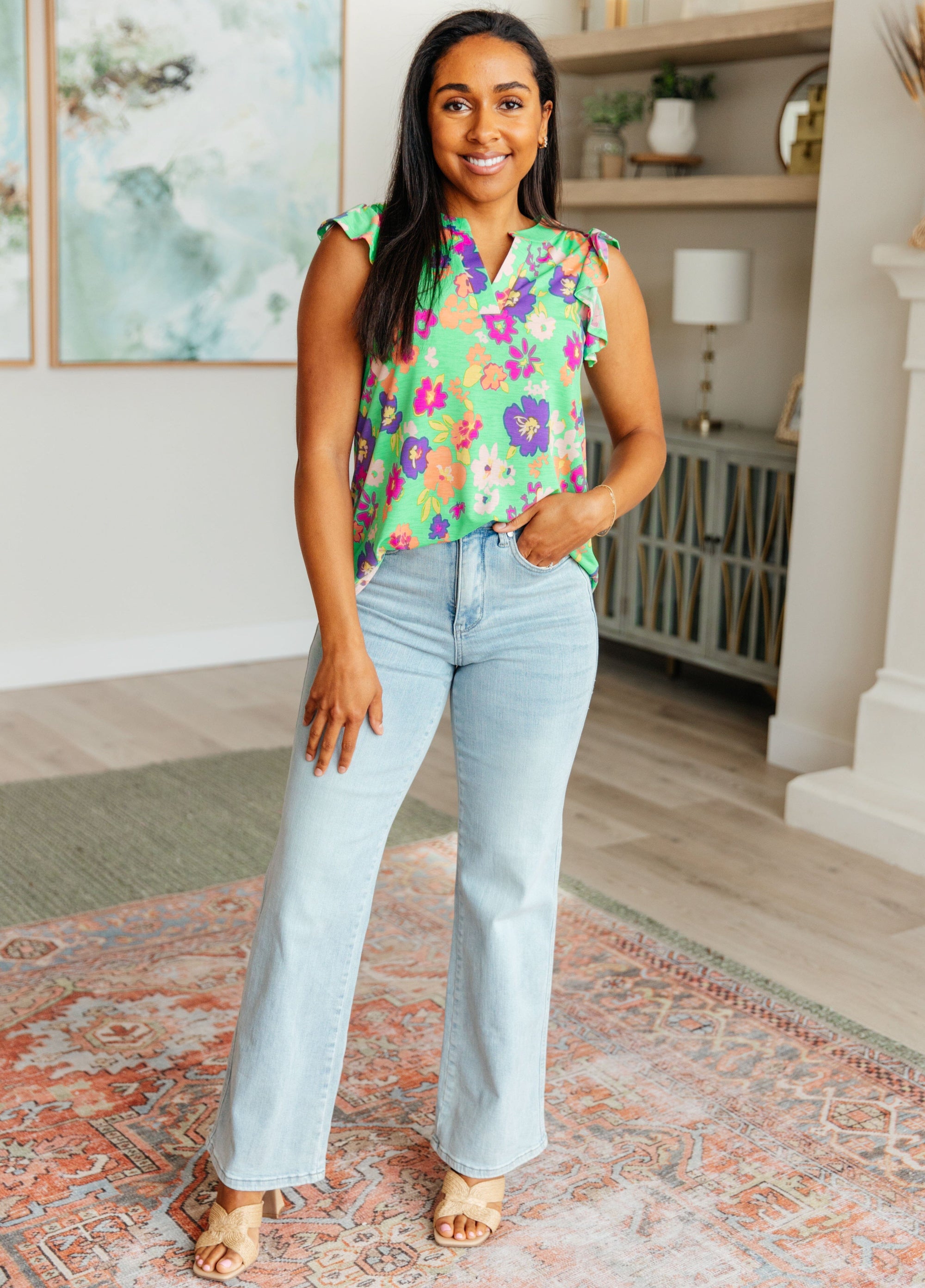 Lizzy Flutter Sleeve Top in Emerald and Purple Floral Tops Ave Shops 