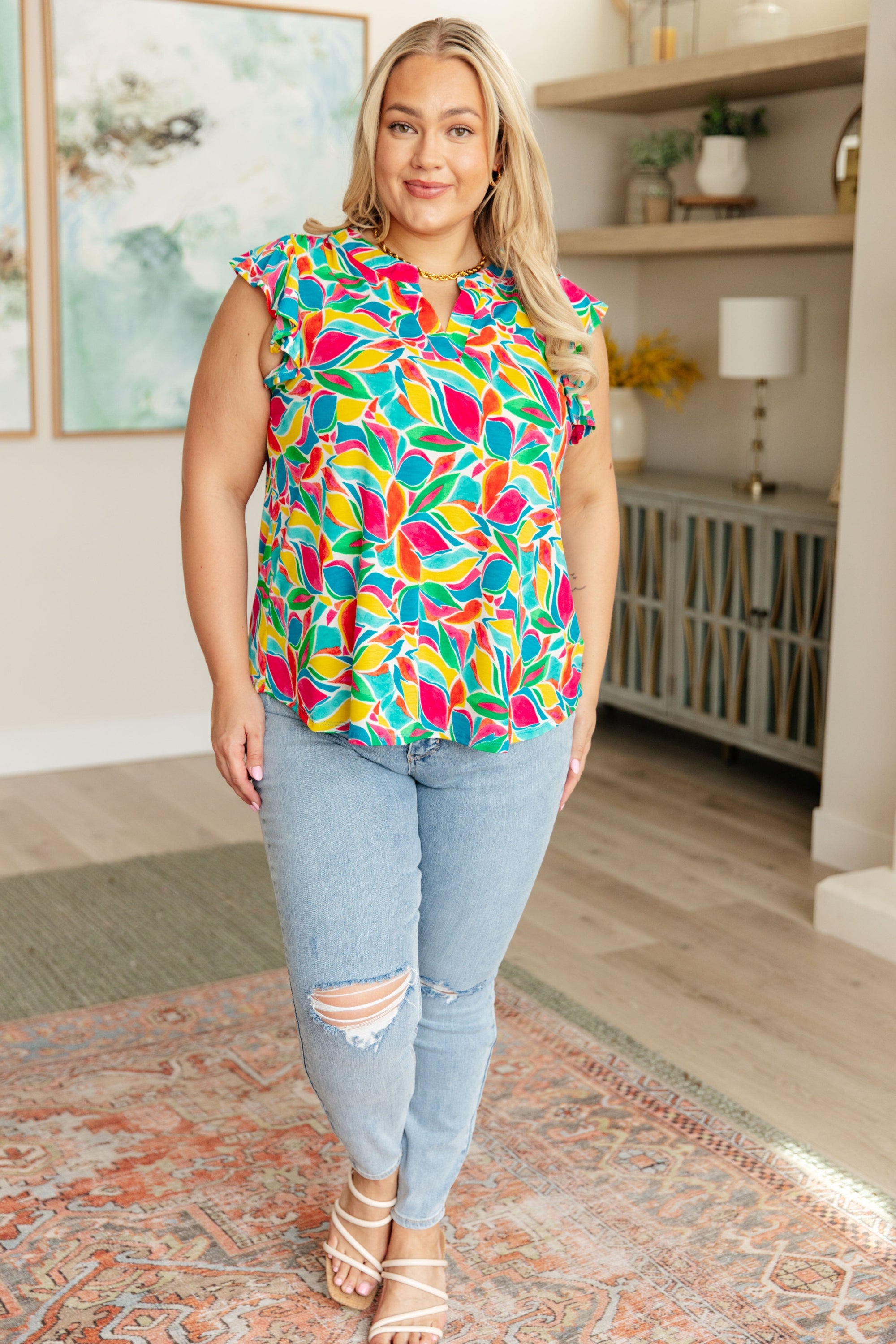 Lizzy Flutter Sleeve Top in Teal and Red Mod Floral Tops Ave Shops 